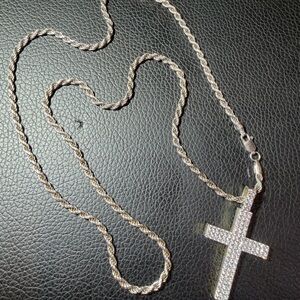Elegant Silver 925 Chain 24” Italy and Cross Pendant Necklace 23.1g used